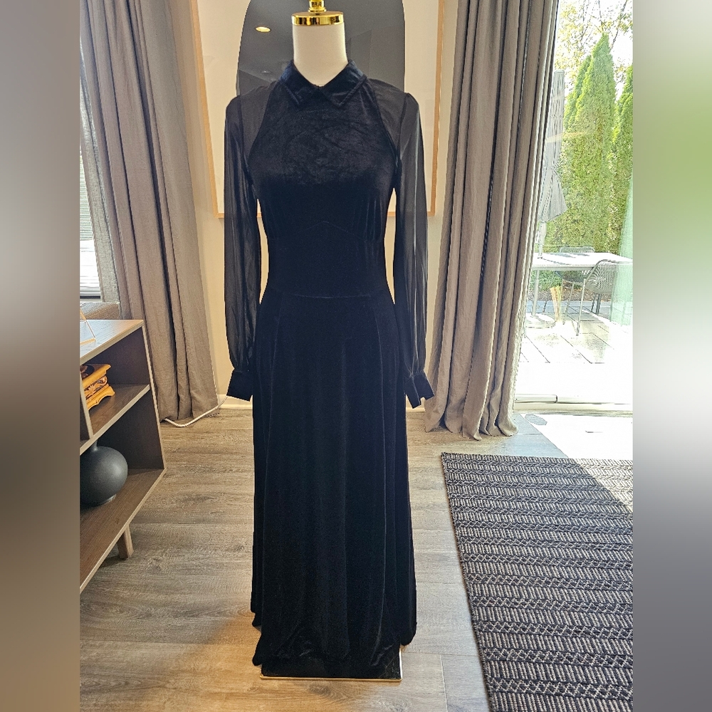 Sold Black Velvet Dress Sheer Sleeves S